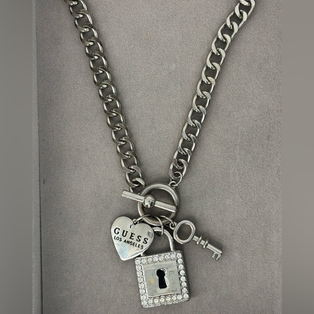 Guess Silver Charm Necklace with Heart and Key